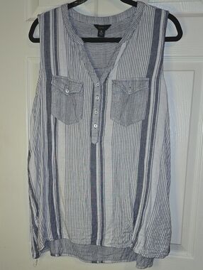 intro. Striped Sleeveless Henley Top - Blue & White